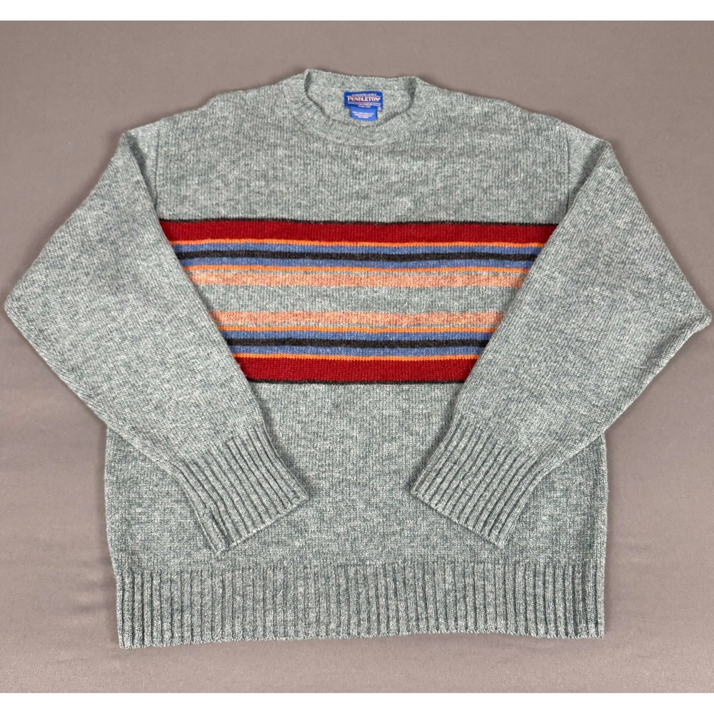 Pendleton Shetland Wool Sweater Mens Large Green Multi Stripe Crew Neck Pullover